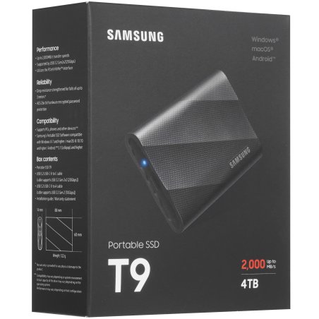 Внешний SSD Samsung T9, 4TB, USB 3.2 Gen 2x2 Type-C, R/W 2000/2000, черный