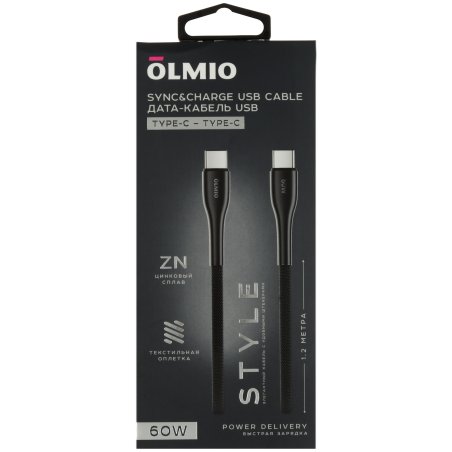 Кабель OLMIO MASTER, Type-C - Type-C, 60W 3A, 1.2м, тканевая оплетка, черный