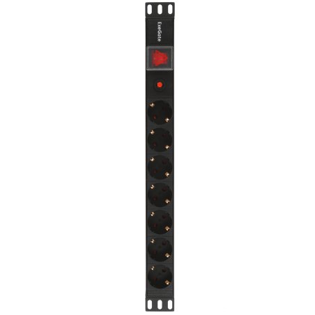 Блок розеток горизонтальный ExeGate ServerPro PDU-19H702 Al-7S-C14-SW-O, 19", 1U, Алюминий, 7 Schuko, С14, защита от перегрузки, черный