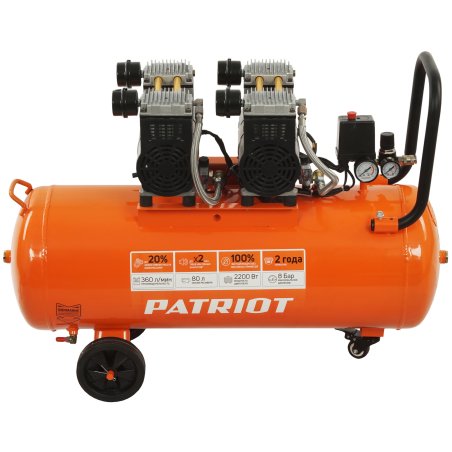 Компрессор Patriot поршневой безмасляный WO 80-360, 360 л/мин, 8 бар, 2200 Вт, 80 л, быстросъем и "елочка" с вентилем