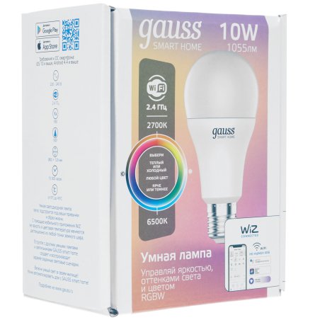 Лампа Светодиодная Gauss Smart Home RGbW E27 A60 10 Вт 2700-6500K 1/10/100