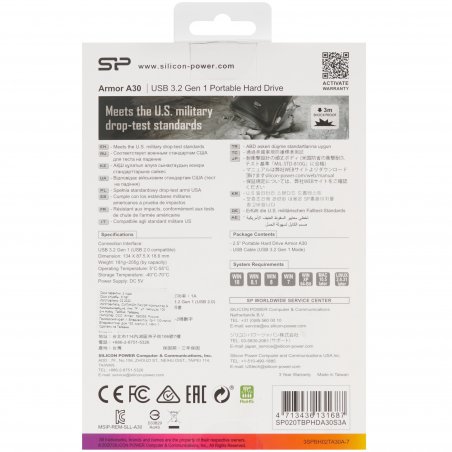 Внешний HDD 2.5" Silicon Power Armor A30, 2TB, USB 3.2 Gen 1 Type-A, 5400 rpm, черный