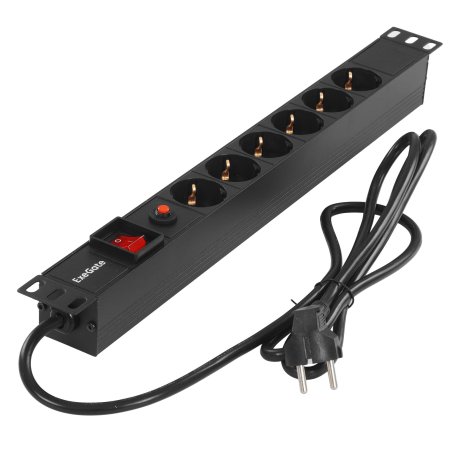 Блок розеток горизонтальный ExeGate ServerPro PDU-19H606 Al-6S-EU2-SW-O, 19", 1U, Алюминий, 6 Schuko, кабель с евровилкой VDE-250V-16A-3*1.5мм2, 2 метра, выкл. с подсветкой, защита от перегрузки, черный