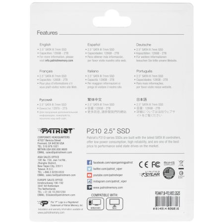 Накопитель SSD Patriot P210, 512Gb, SATA III, 2.5", R/W 520/430