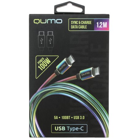 Кабель Qumo, Type С - Type C, USB 3.0, 1,2м, 5-20В, 5А, 100 Вт, опл. металл. пружинка, кон. металл, rainbow