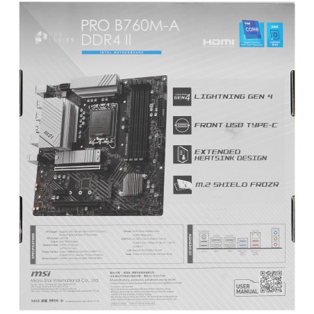 Материнская плата MSI PRO B760M-A WIFI DDR4, LGA 1700, Intel B760, 4xDDR4, 4xSATA, 2xM.2, 1xPCI-E 4.0 x16, 1xPCI-E 4.0 x4, 1xPCI-E x1, 2xHDMI, 2xDP, 1x 2.5Gb LAN, 2xUSB-A 2.0, 2xUSB-A 3.2 Gen 1, 2xUSB-A 3.2 Gen 2, 3x3.5 мм, 7.1, Micro-ATX