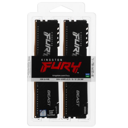 Оперативная память Kingston Fury Beast, DDR4, 32Gb (2x16Gb), 3200MHz, CL16, DIMM, с радиатором, черный
