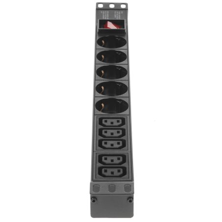 Блок розеток горизонтальный ExeGate ServerPro PDU-19H008 Al-5C135S-C14-SW, 19", 1U, Алюминий, 5 IEC 320 C13, 5 Schuko, С14, выкл. с подсветкой, черный