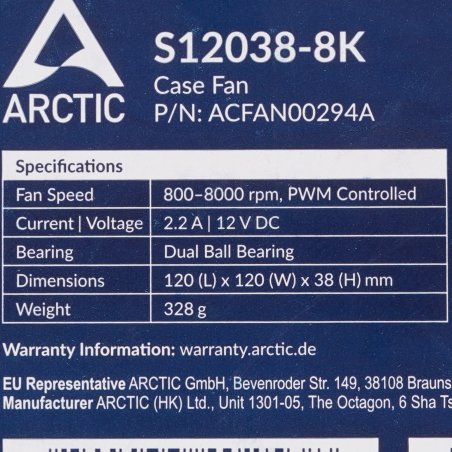 Вентилятор для корпуса Arctic S12038-8K черный, 120 мм, 8000 об/мин, 4 pin