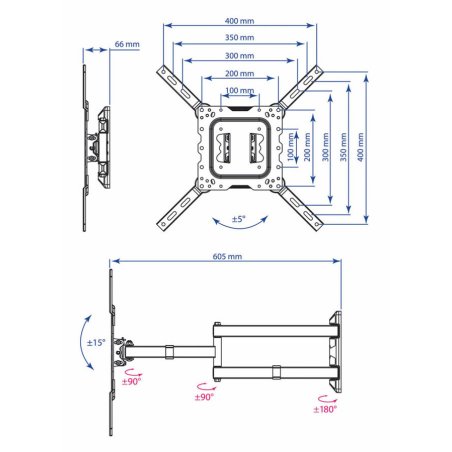 Кронштейн Kromax DIX-18 BLACK(для LED/LCD телевизоров 22"-55", max 40 кг, настенный, 5 ст свободы, наклон ±15°, поворот 180°, от стены 66-605 мм, max VESA 400x400 мм, вращение экрана ±5°, съемная монтажная пластина, кабель-канал, 4 шт/уп.)