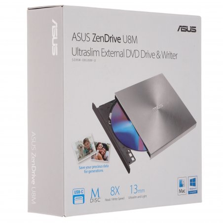 Оптический привод DVD-RW Asus SDRW-08U8M-U серебристый USB slim ultra slim M-Disk Mac внешний RTL