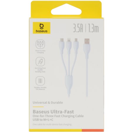 Baseus Ultra-Fast One-for-Three Fast Charging Cable USB-A to M+L+C 3.5A 1.3m Blue P10376303311-00.  "