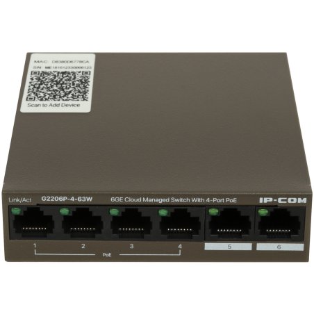 Сетевой коммутатор IP-COM G2206P-4-63W 4x10Base-T / 100Base-TX / 1000Base-T 2x1000Base-T PoE порты 4 Количество портов PoE+ 4 G2206P-4-63W