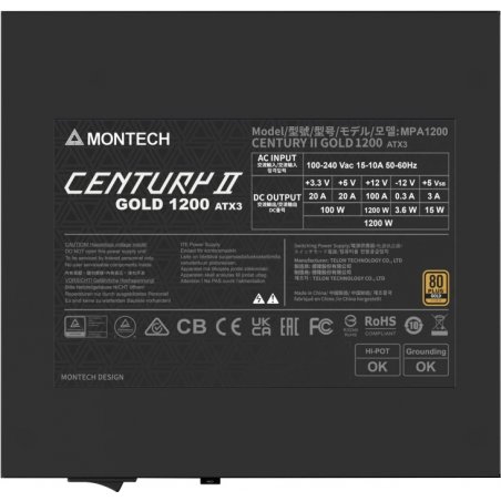 Блок питания Montech ATX 850W CENTURY GOLD G5, 850 Вт, 80 PLUS GOLD, 120 мм, модульный, черный