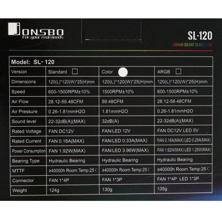 Вентилятор для корпуса JONSBO SL-120CW (120x120x25мм, 4-pin PWM, FRGb, 59.48CFM, 32.0dBA, 1500RPM, белый)