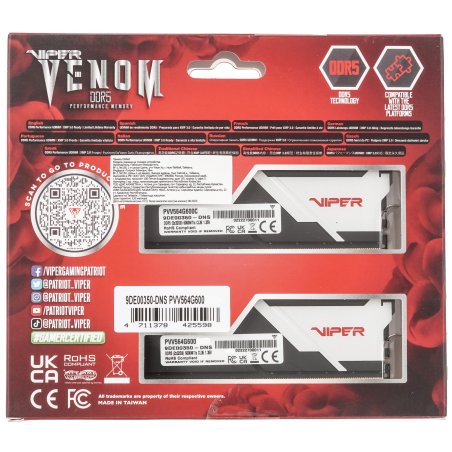 Оперативная память Patriot Viper Venom, DDR5, 64Gb (2x32Gb), 6000MHz, CL36, DIMM, с радиаторами, черный