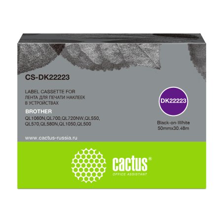 Картридж ленточный Cactus CS-DK22223 50 мм, черный шрифт, белый фон, 30.48 м для Brother P-touch QL-500, QL-550, QL-700, QL-800