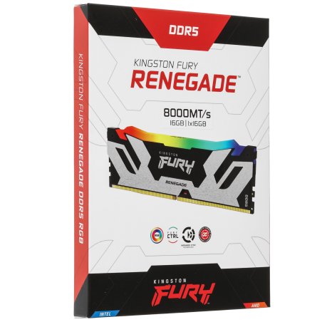 Оперативная память Kingston Fury Renegade, DDR5, 16Gb (1x16Gb), 8000MHz, CL38, DIMM, с радиаторами, RGB, серебристый/черный