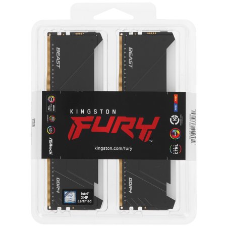 Оперативная память Kingston Fury Beast, DDR4, 32Gb (2x16Gb), 3200MHz, CL16, DIMM, с радиатором, RGb, черный