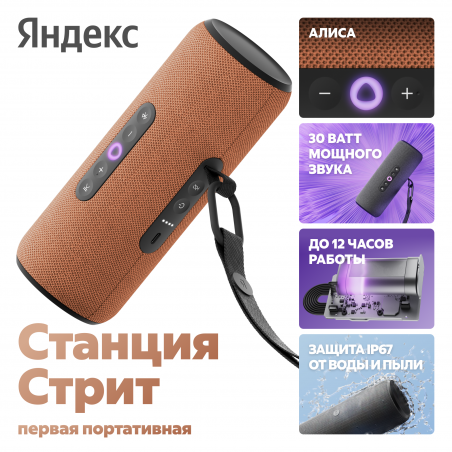 Умная колонка Яндекс Станция Стрит, 30Вт, компактная, 2 динамика, Wi-Fi, Bluetooth 5.0, Алиса, оранжевый