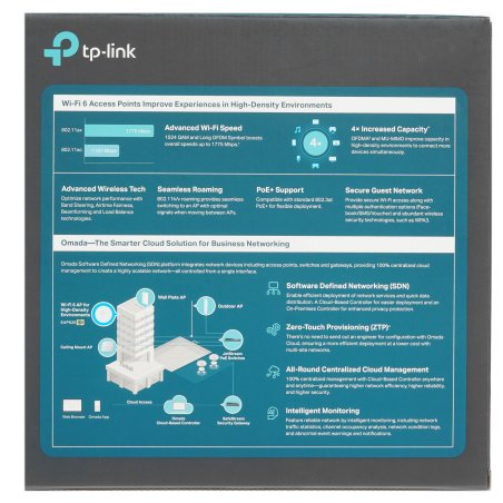 Точка доступа TP-Link 11AX dual-band ceiling access point, up to 1200 Mbit / s at 5 GHz and up to 574 Mbit / s at 2.4 GHz, 1 10/100/1000Mbps LAN port, support PoE 802.3at standard, support BSS coloring, Seamless Roaming, Mesh, Band Steering, Airtime Fairn