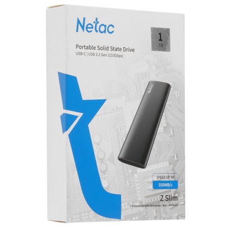 Внешний SSD Netac Z SLIM, 1TB, USB 3.2 Gen 2 Type-C, R/W 550/480, черный