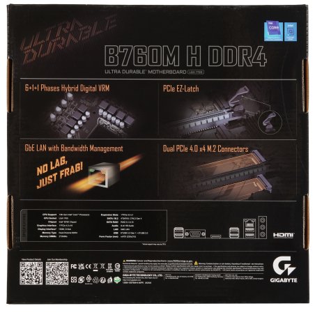 Материнская плата Gigabyte B760M H DDR4, LGA 1700, Intel B760, 2xDDR4, 4xSATA, 2xM.2, 1xPCIe 4.0 x16, 1xPCIe x1, 1xHDMI, 1xVGA, 1x 1Gb LAN, 2xUSB 2.0, 4xUSB 3.2 Gen 1, 3x3.5 мм, 7.1, Micro ATX