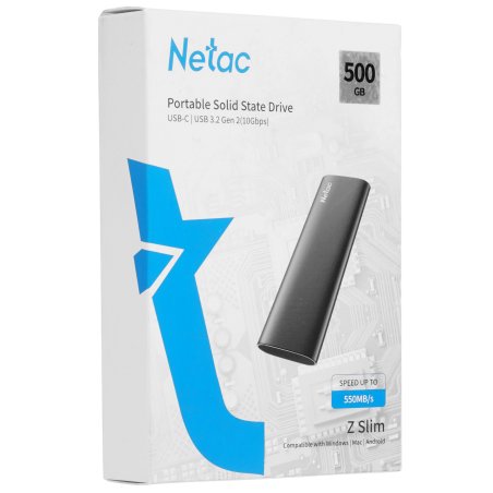 Внешний SSD Netac Z SLIM, 500 Gb, USB 3.2 Gen 2 Type-C, R/W 550/480, черный