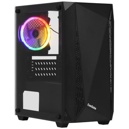 Компьютерный корпус Minitower ExeGate EX294384RUS Mistery R2 (mATX, без БП, 2*USB+1*USB 3.0, аудио, черный, 1 вент. 12см с RGb подсветкой и полоса на передней панели, боковая панель - закаленное стекло)