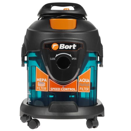 Строительный пылесос Bort BSS-1415-Aqua черный/синий, 200/1400 Вт, уборка сухая/влажная, пылесборник мешок/контейнер, 15 л