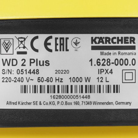 Строительный пылесос Karcher WD 2 Plus V-12/4/18 желтый, 1000 Вт, уборка сухая/сбор воды, пылесборник мешок/контейнер, 12 л