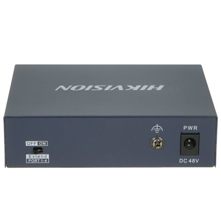 Коммутатор Hikvision DS-3E0105P-E(B) 4 RJ45 100M PoE с грозозащитой 6кВ, 2 порт с высоким приоритетом; 1 Uplink порт 100М Ethernet; бюджет PoE 60Вт; поддержка режима передачи до 250м,10Мб/с, CAT5e; таблица MAC а