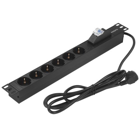 Блок розеток горизонтальный ExeGate ServerPro PDU-19H610 Al-6S-EU2.5-1P, 19", 1U, Алюминий, 6 Schuko, кабель с евровилкой VDE-250V-16A-3*1.5мм2, 2.5 метра, защита от перегрузки, черный