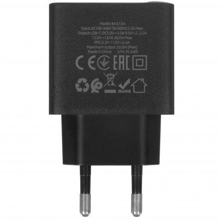 Сетевое зарядное устройство 1 Type-C Borofone BAS13A Erudite, пластик, PD20Вт, QC3.0, черный