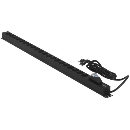 Блок розеток вертикальный ExeGate ServerPro PDU-V201 Al-20S-EU3-1P (19", 1U, Алюминий,20 Schuko, кабель с евровилкой VDE-250V-16A-3*2.5мм2, 3 метра, автомат защиты, черный, RTL)