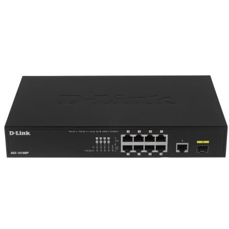 Коммутатор D-Link DGS-1010MP/A1A, L2 Unmanaged Switch with 9 10/100/1000Base-T portsand 1 1000Base-X SFPports(8 PoE ports 802.3af/802.3at (30 W), PoE Budget 125 W)