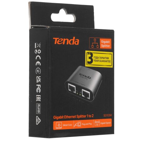 Разветвитель для интернет кабеля Tenda SG103M, LAN in 1х1 Гбит/с, LAN out 2х1 Гбит/с, питание по Type-C