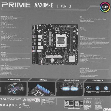 Материнская плата ASUS PRIME A620M-E-CSM, AM5, AMD A620, 2xDDR5, 4xSATA, 1xM.2, 1xPCI-E 4.0 x16, 1xPCI-E x1, 1xDisplayPort, 1xHDMI, 1xVGA, 1x 1Gb LAN, 4xUSB-A 3.2 Gen 1, 4xUSB-A 2.0, 3x3.5 мм, 7.1, Micro-ATX