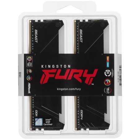 Оперативная память Kingston Fury Beast, DDR4, 16Gb (2x8Gb), 3200MHz, CL16, DIMM, с радиатором, RGb, черный