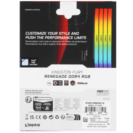 Оперативная память Kingston Fury Renegade, DDR4, 16Gb (2x8Gb), 3200MHz, CL16, DIMM, с радиаторами, RGB, черный