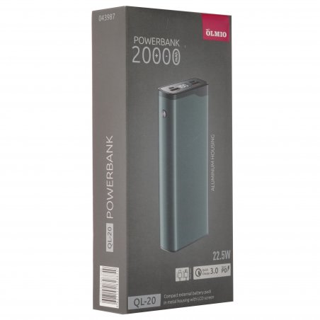 Портативный аккумулятор OLMIO QL-20, 20000mAh, 22.5W, QuickCharge3.0/PowerDelivery, LCD, серый