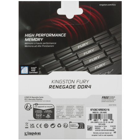 Оперативная память Kingston Fury Renegade, DDR4, 16Gb (2x8Gb), 3600MHz, CL16, DIMM, с радиаторами, серый/черный
