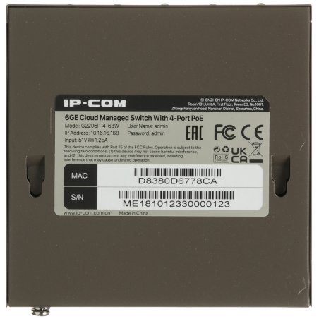 Сетевой коммутатор IP-COM G2206P-4-63W 4x10Base-T / 100Base-TX / 1000Base-T 2x1000Base-T PoE порты 4 Количество портов PoE+ 4 G2206P-4-63W