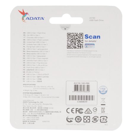 Флешка USB ADATA UV150 (AUV150-128G-RBK), 128Gb, USB 3.0, R/W 100/30, черный