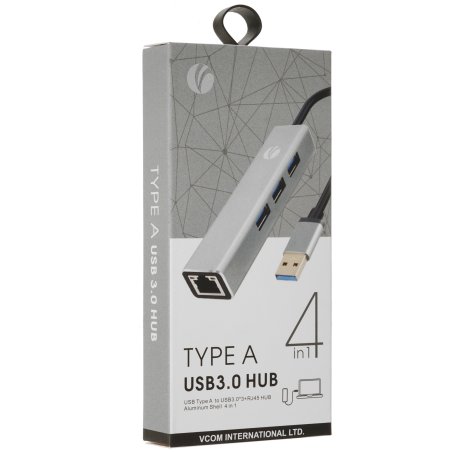 Переходник VCOM USB 3.0 -->RJ-45 1000Mbps+3 USB3.0, Aluminum Shell, 0.2м <DH312A>