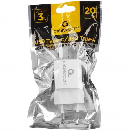 Сетевое зарядное устройство Cablexpert 20Вт, 3А, QC3.0/PD, 1xUSB, 1xType-C, белый, пакет