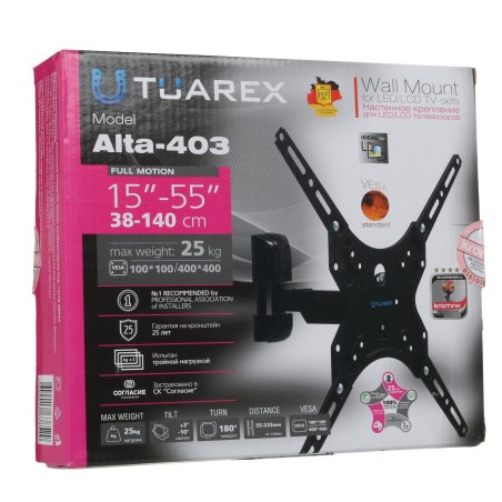 Кронштейн для телевизора настенный Tuarex OLIMP-304 черный для TV 26"-60" max 55 кг, 1 ст св., нак. 0°-12°, от ст. 37 мм., max VESA 400x400 мм.