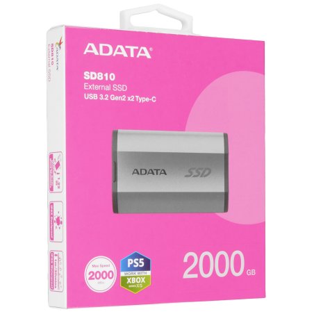 Внешний SSD ADATA SD810, 2TB, USB 3.2 Gen 2x2 Type-C, R/W 2000/2000, серебристый