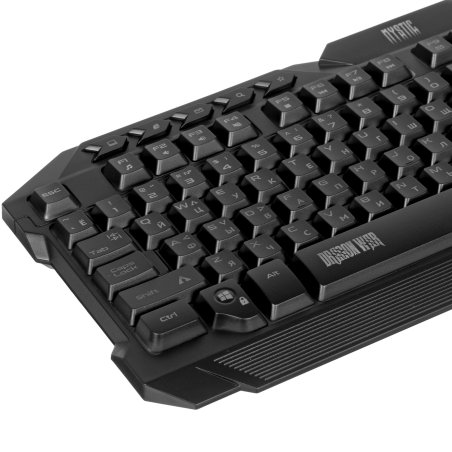 Игровой комплект Qumo Mystic K58/M76, кл-ра проводная 104 + 10 клавиш мультимедиа, встроенные подсветки общая + кнопок 3 цвета, мышь проводная, оптическая, 1200/1600/2400/3200 dpi с подсветкой, коврик