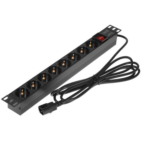 Блок розеток горизонтальный ExeGate ServerPro PDU-19H806 Al-8S-C14-3-SW, 19", 1U, Алюминий, 8 Schuko, кабель с вилкой C14 VDE-250V-10A-3*1.5мм2, 3 метра, выкл. с подсветкой SPD1, черный